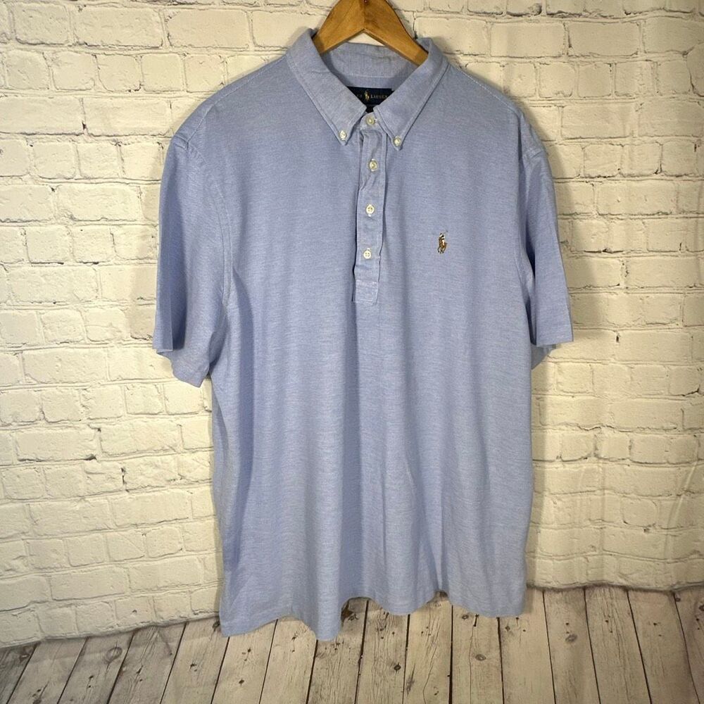 Ralph Lauren Knit Oxford Shirt Mens XXL Blue Short Sleeve Color Flesh Pony